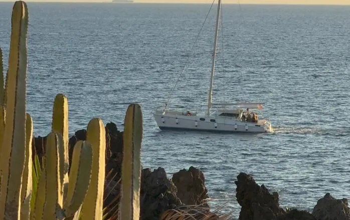 Catamarán navegando al atardecer frente a la costa de Tenerife