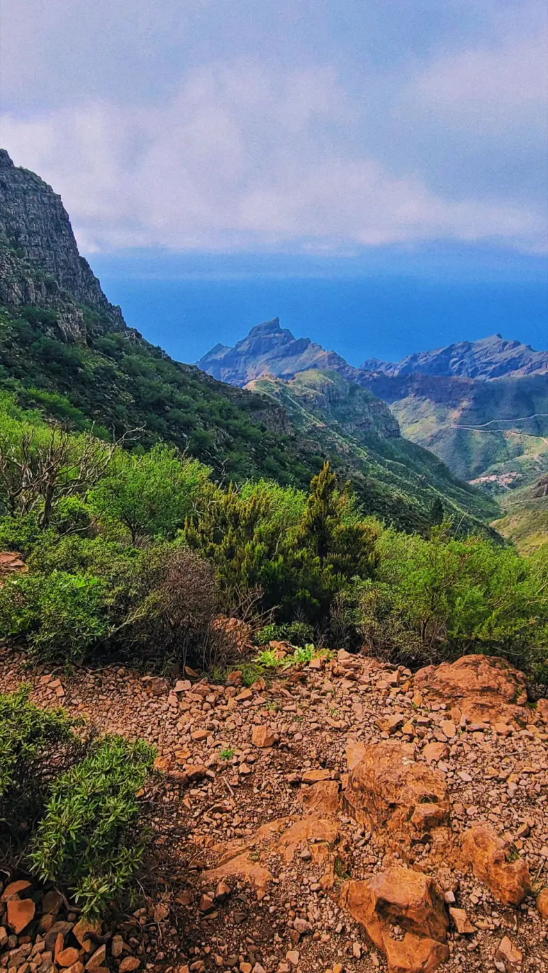A trail in the Masca gorge with views of the Atlantic